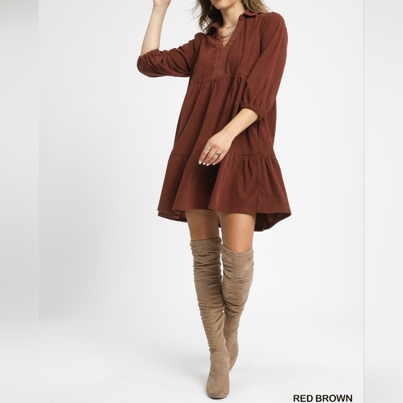Umgee Tiered Corduroy Mini Dress with Balloon Sleeves Choco Brown Women's Dress - Picture 1 of 7